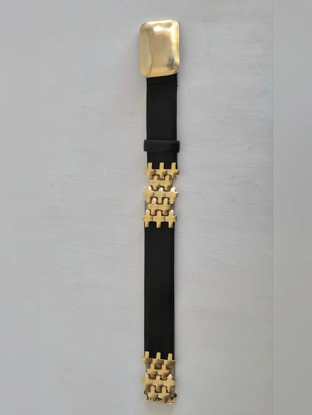 Robert Lee Morris Black Leather Belt with Gold Plated Plus Sign + Links Accent